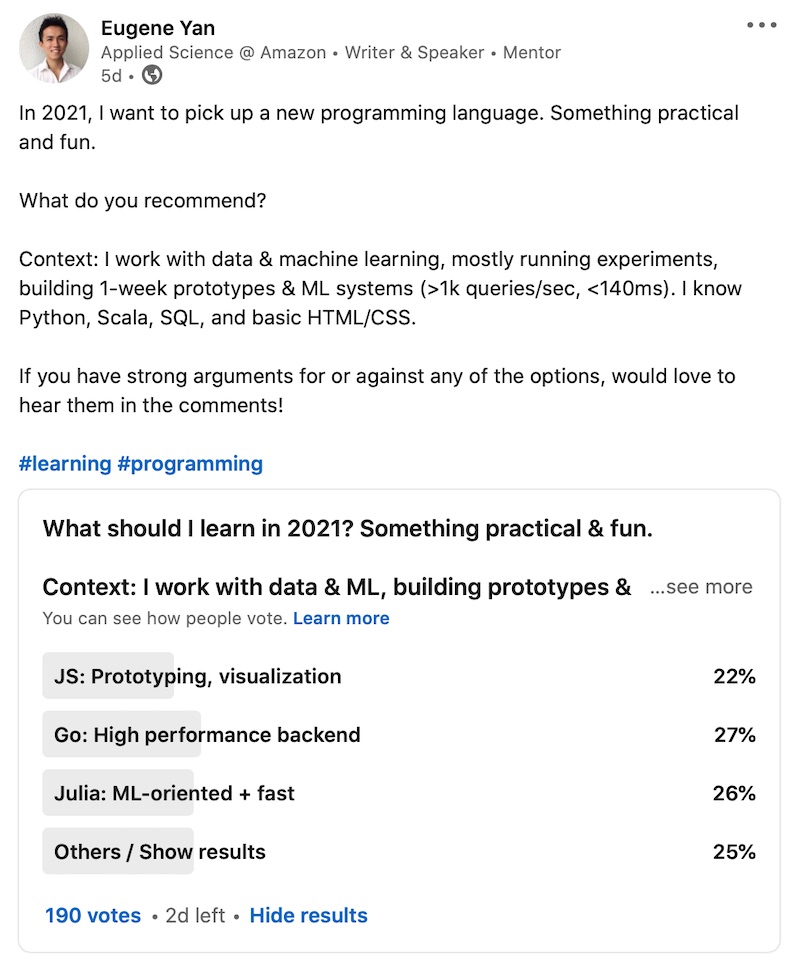 Poll of what programming language I should learn in 2021 on LinkedIn