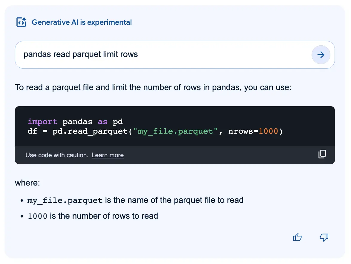 Example of a disclaimer on Google Bard results (Note: The code provided will not work.)