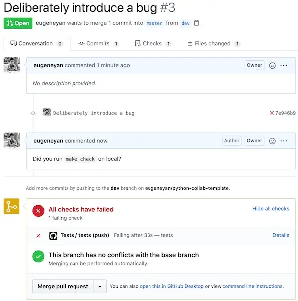 The pull request flags that the code is incorrect it the automated checks