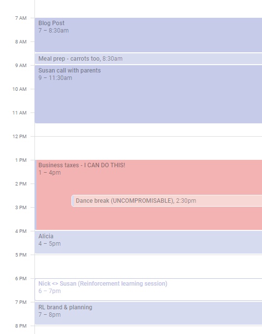 Example of a weekend calendar, including social calls, chores, and pomodoro blocks.