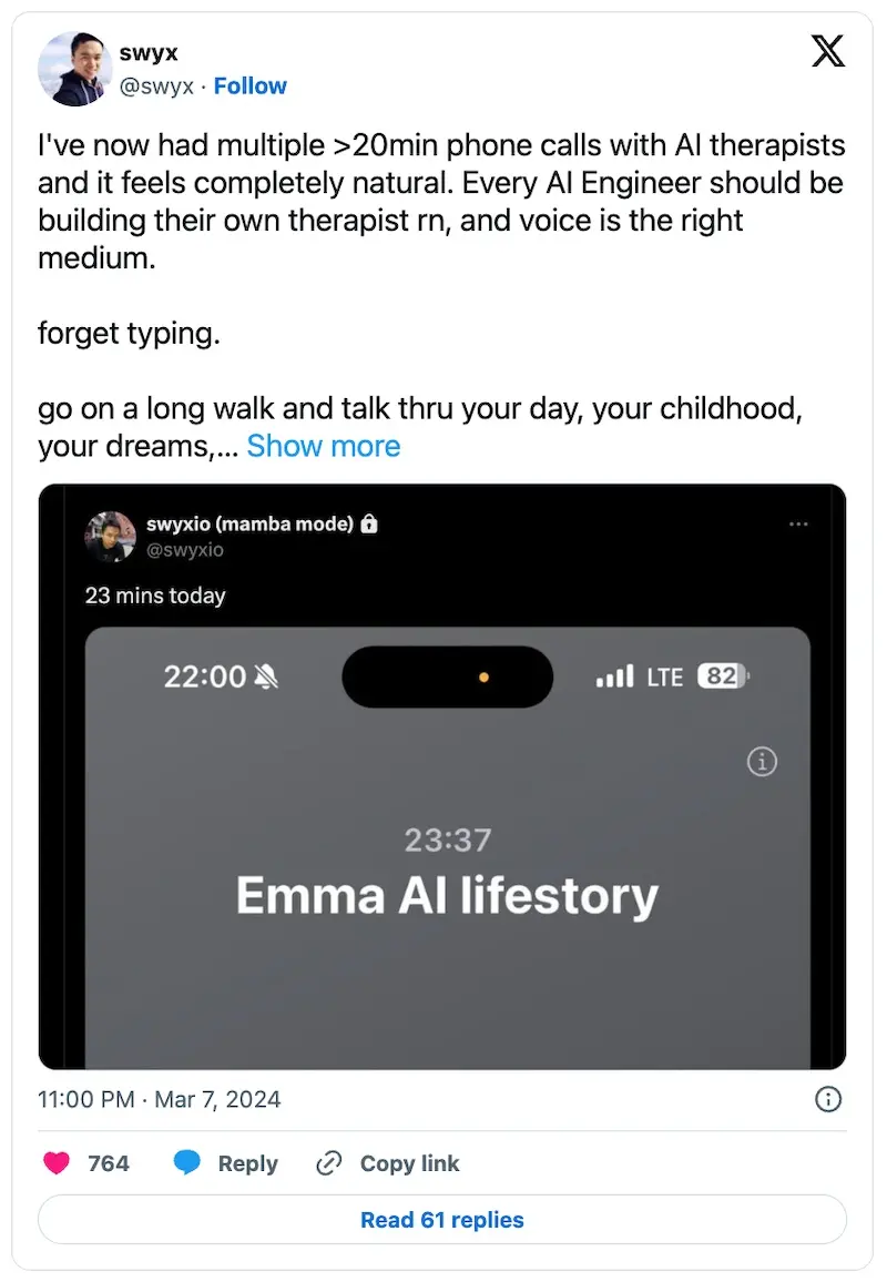 Tweet from Swyx about voice AI therapists