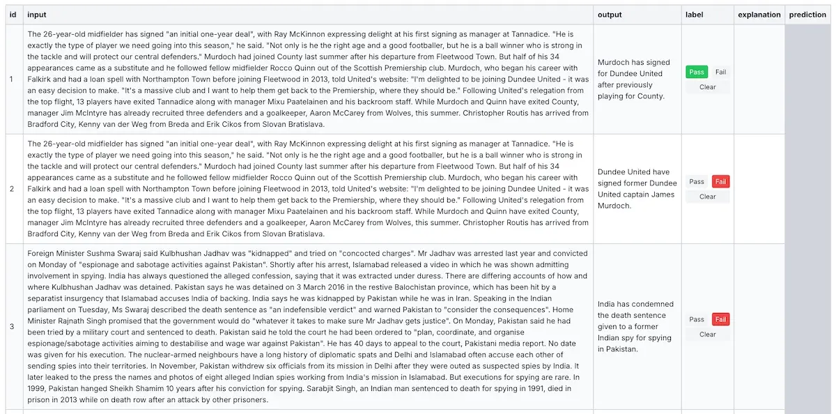 How the table view looks after uploading a CSV file.